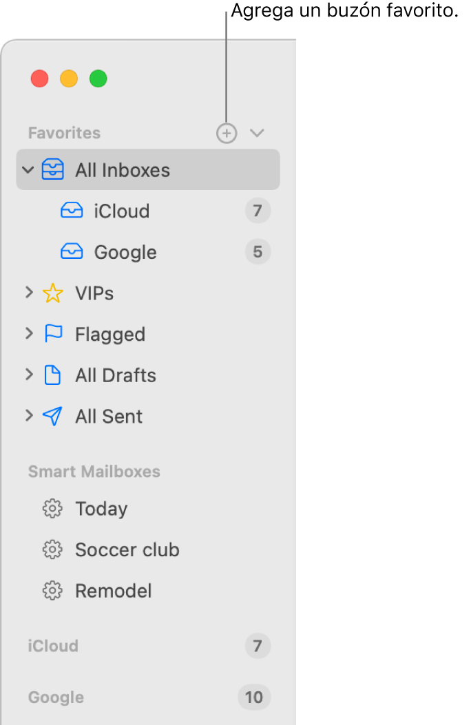 La barra lateral de Mail mostrando distintas cuentas, buzones y secciones como Favoritos y Buzones inteligentes. En la parte superior de la barra lateral, haz clic en el botón que está a la derecha de Favoritos para agregar un buzón a esa sección.