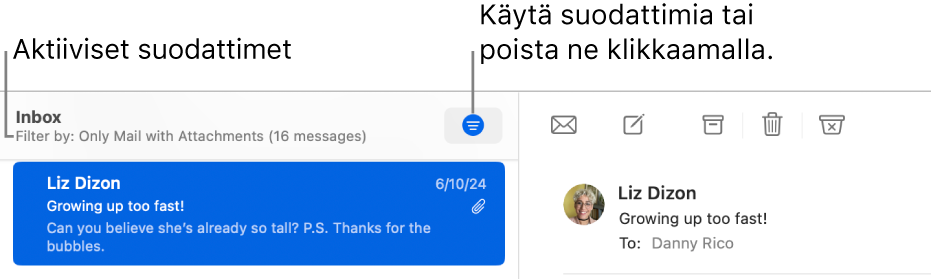 Mail-ikkunassa näkyy viestiluettelon yläpuolella työkalupalkki, jossa Mail näyttää käytössä olevat suodattimet, kuten ”Vain liitteitä sisältävät”.