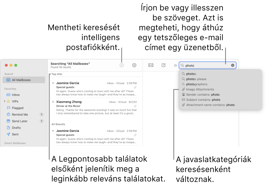 A keresésbe belefoglalt postafiók kiemelve látható a keresősávon. Ha egy másik postafiókban szeretne keresni, kattintson a nevére. Igény szerint beírhat vagy beilleszthet egy szöveget a keresőmezőbe, vagy áthúzhat egy e-mail-címet egy üzenetből. Gépelés közben javaslatok jelennek meg a keresőmező alatt. A javaslatok a keresendő szövegtől függően kategóriákba vannak rendezve (pl. Tárgy vagy Mellékletek). A Legpontosabb találatok között a legjobban kapcsolódó eredmények jelennek meg először.