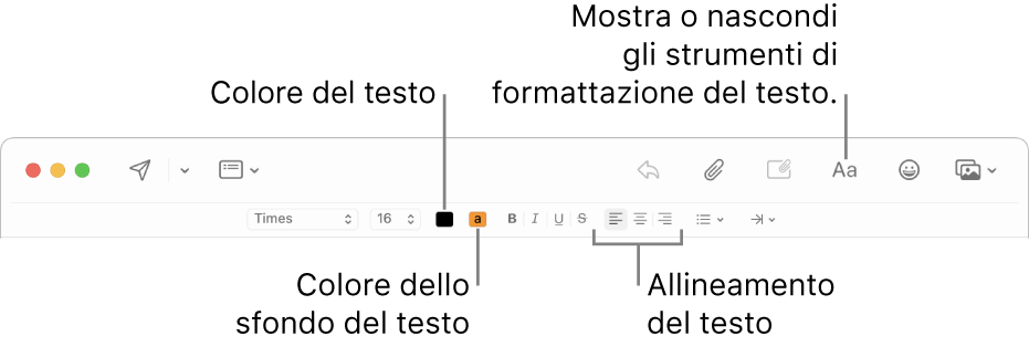 La barra strumenti e le opzioni di formattazione nella finestra di un nuovo messaggio con i pulsanti per il colore del testo, il colore dello sfondo del testo e l’allineamento del testo.