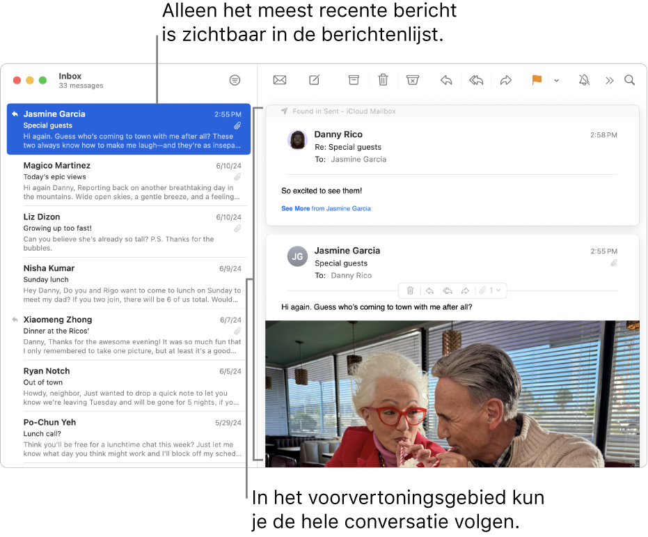 Alleen het meest recente bericht in het gesprek is zichtbaar in de berichtenlijst. Een getal in het bovenste bericht geeft aan hoeveel berichten van het gesprek in de huidige postbus staan. Volg het gesprek in het voorvertoningsgebied.