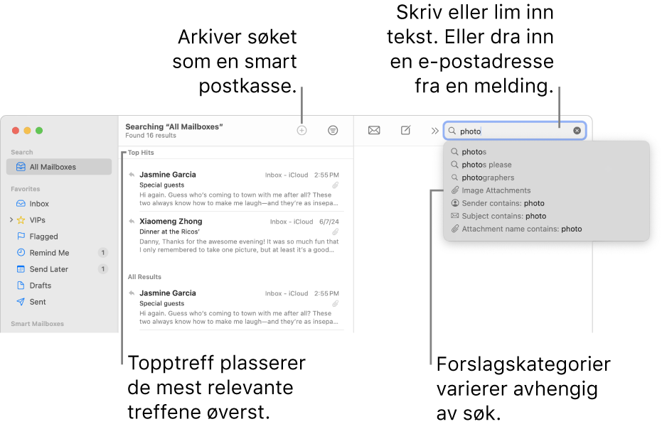 Postkassen det søkes i, markeres i søkelinjen. Hvis du vil søke i en annen postkasse, klikker du på navnet. Du kan skrive eller lime inn tekst i søkefeltet, eller du kan flytte inn en e-postadresse fra en melding. Forslag vises under søkefeltet mens du skriver. De er organisert i kategorier, for eksempel Emne eller Vedlegg, avhengig av søketeksten. Topptreff viser de mest relevante resultatene først.