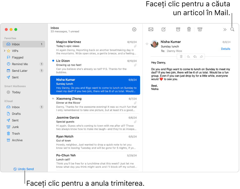 O fereastră Mail afișând bara laterală în stânga. Butonul “Anulează trimiterea” se află în partea de jos a barei laterale.