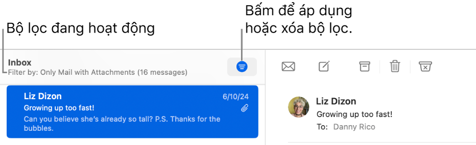 Cửa sổ Mail đang hiển thị thanh công cụ bên trên danh sách thư nơi Mail biểu thị bộ lọc được áp dụng, ví dụ như “Chỉ thư có tệp đính kèm”.