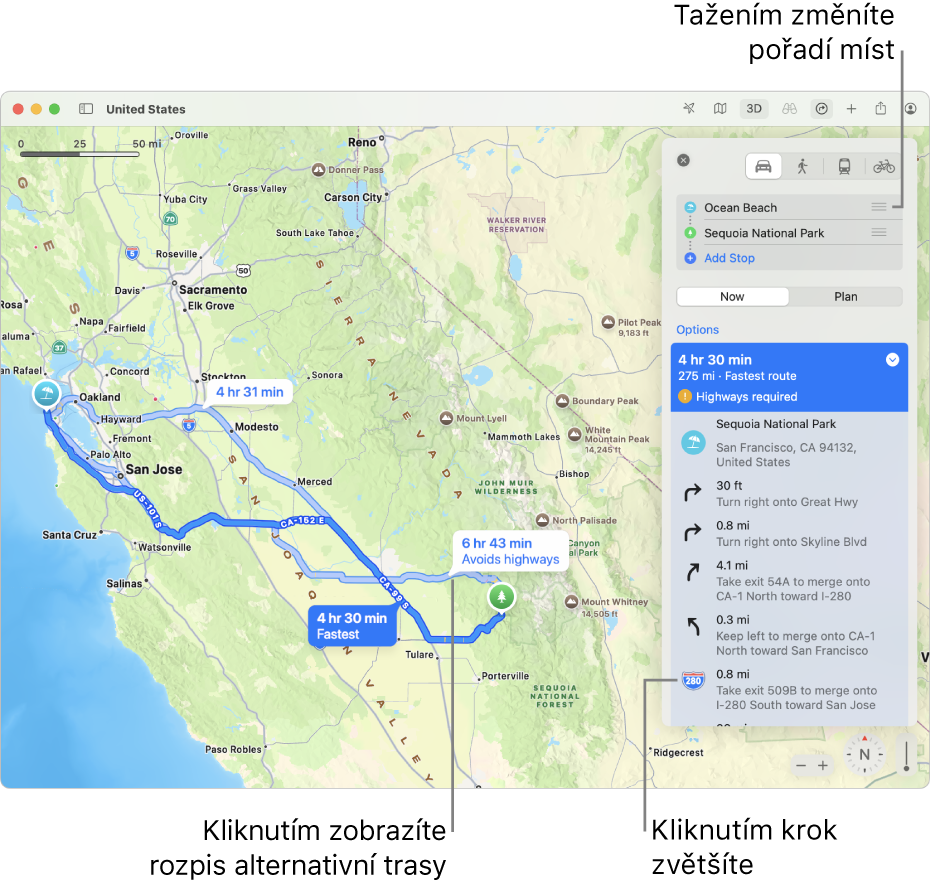 Mapa oblasti San Francisca s trasou pro jízdu autem mezi dvěma místy. Mapa zobrazuje také alternativní trasy