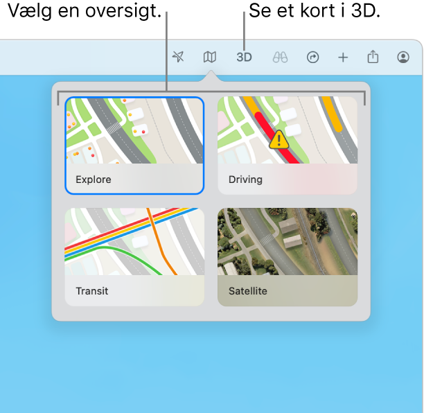 Der er blevet klikket på knappen Kort på værktøjslinjen, og der er fire tilgængelige kortoversigter: Udforsk, I bil, Offentlig transport og Satellit.