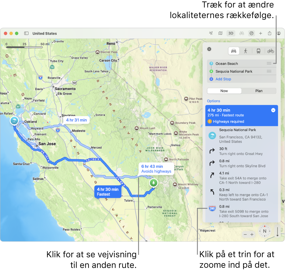 Et kort over San Francisco-området med vejvisninger til en kørerute mellem to lokaliteter. Alternative ruter vises også på kortet.