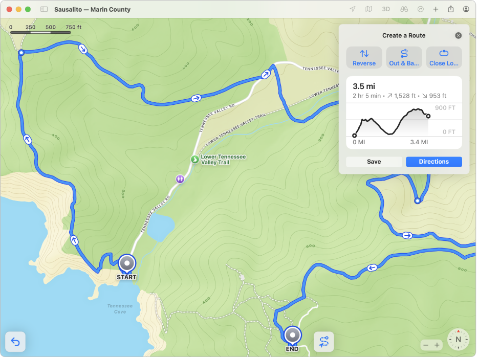 A map of a customised hiking path, with buttons to reverse or complete the hike, total length in distance and time, and elevation gain and loss.