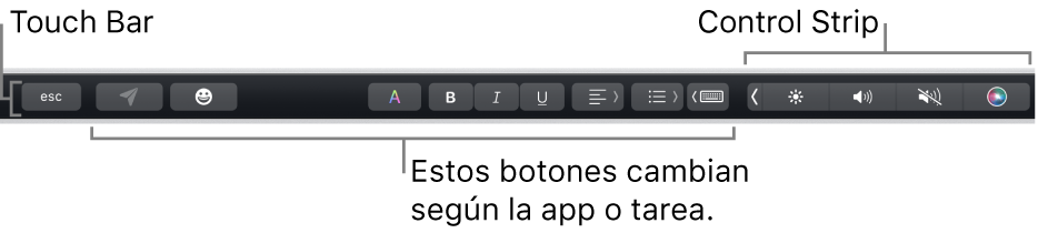 La Touch Bar en la parte superior del teclado, con la Control Strip contraída a la derecha y botones que varían según la app o la tarea.