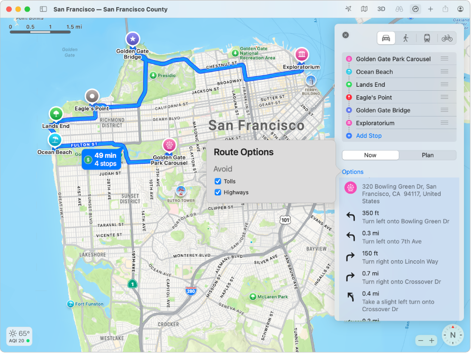 San Francisco térképe egy több megállót tartalmazó útvonallal.