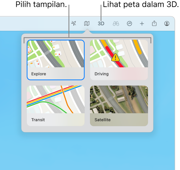 Tombol Peta telah diklik di bar alat dan empat tampilan peta tersedia: Jelajahi, Berkendara, Transit, dan Satelit.