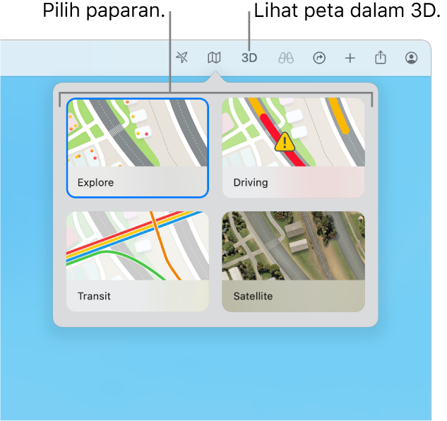 Butang Peta telah diklik dalam bar alat dan empat paparan peta kelihatan: Teroka, Memandu, Transit dan Satelit.