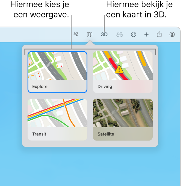 Er is in de knoppenbalk op de knop 'Kaart' geklikt en er zijn vier opties voor de kaartweergave beschikbaar: 'Verken', 'Auto', 'Ov' en 'Satelliet'.