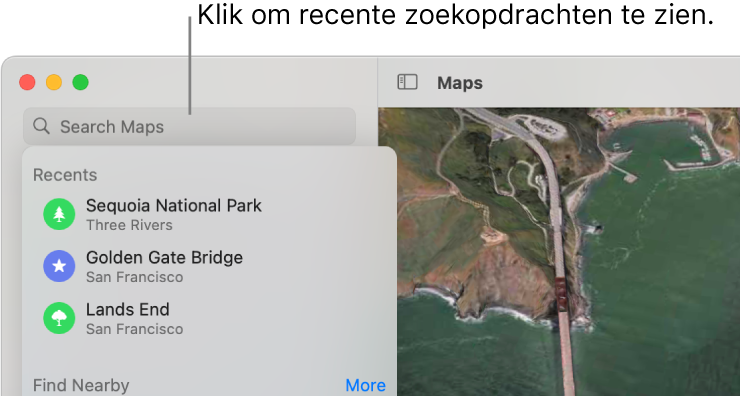 Het zoekveld linksboven met daaronder een aantal recente zoekopdrachten.