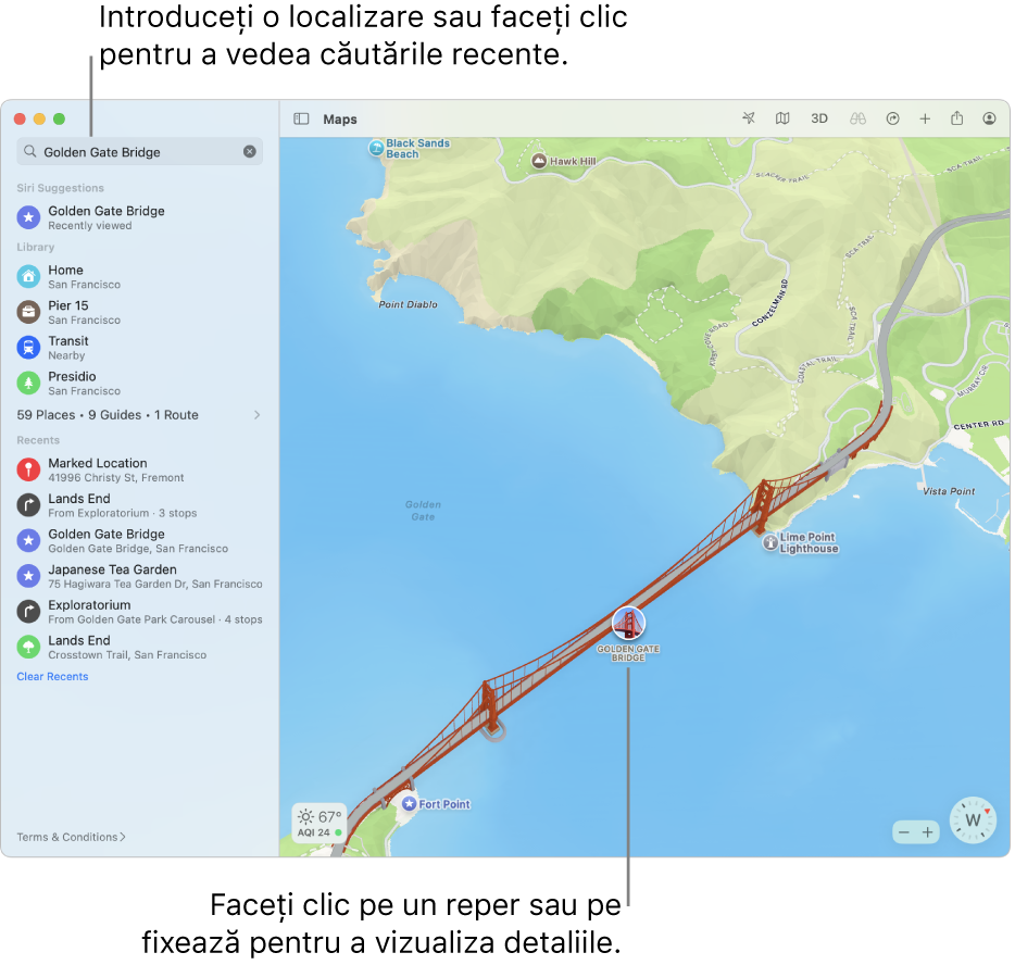 Introduceți o locație în câmpul de căutare sau faceți clic pe aceasta pentru a vizualiza căutările recente. Faceți clic pe un reper sau fixați-l pentru a-i vizualiza detaliile.