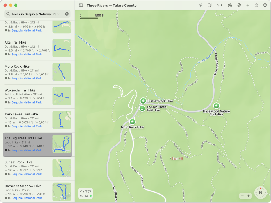 En karta över en nationalpark visar sökträffar för vandringsleder i en lista till vänster och med etiketter på själva kartan.