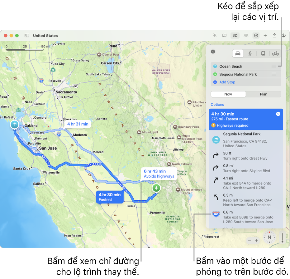 Bản đồ khu vực San Francisco với các chỉ đường cho một lộ trình lái xe giữa hai vị trí. Các lộ trình thay thế cũng được hiển thị trên bản đồ.