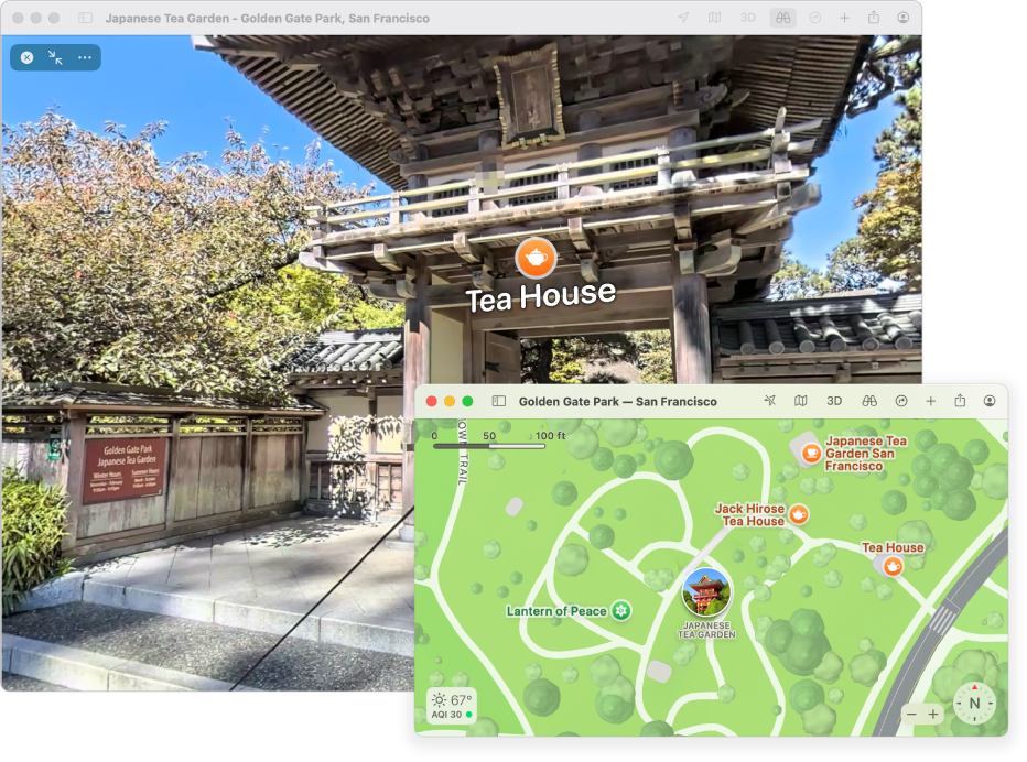 舊金山當地景點的互動式 360 度視圖，右下角顯示 3D 地圖。