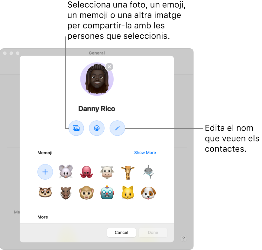 El quadre de diàleg per compartir el nom i la foto, en què es mostren opcions per editar el nom que es mostra als contactes i seleccionar una foto, un emoji, un memoji o una altra imatge.