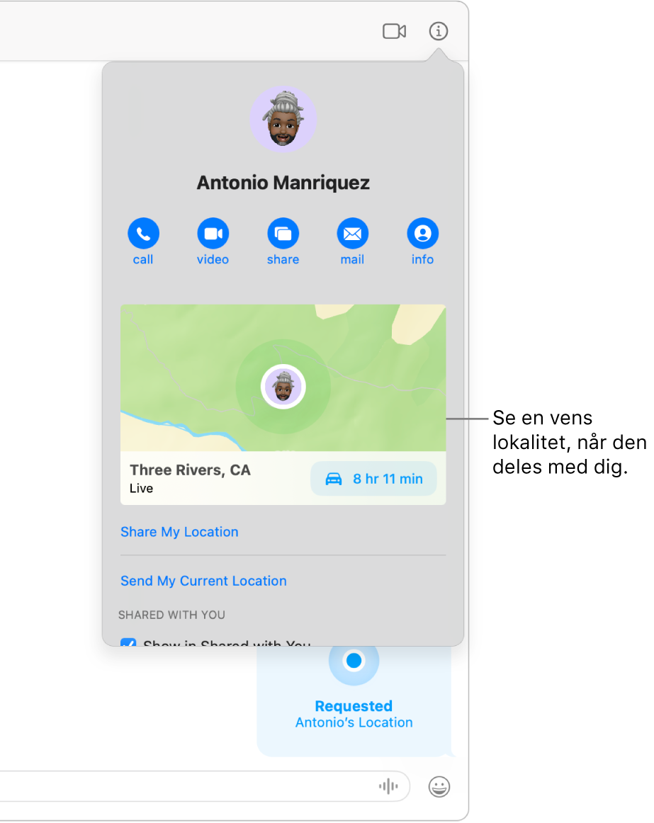 Oversigten Info, som vises, når du har klikket på knappen Info i en samtale, der viser symbolet for en person, som har delt sin lokalitet med dig, og et kort og en adresse for lokaliteten.