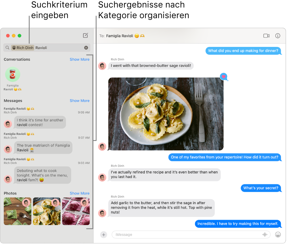 Das Fenster der App „Nachrichten“ mit dem Suchfeld oben links, in das Suchkriterien eingegeben wurden. Darunter sind die Suchergebnisse nach Kategorien wie Konversationen, Nachrichten und Fotos angeordnet.