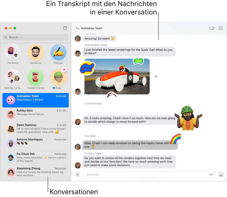 Das Fenster der App „Nachrichten“ mit Konversationen in der Seitenleiste und dem Protokoll mit den Nachrichten der Konversation.