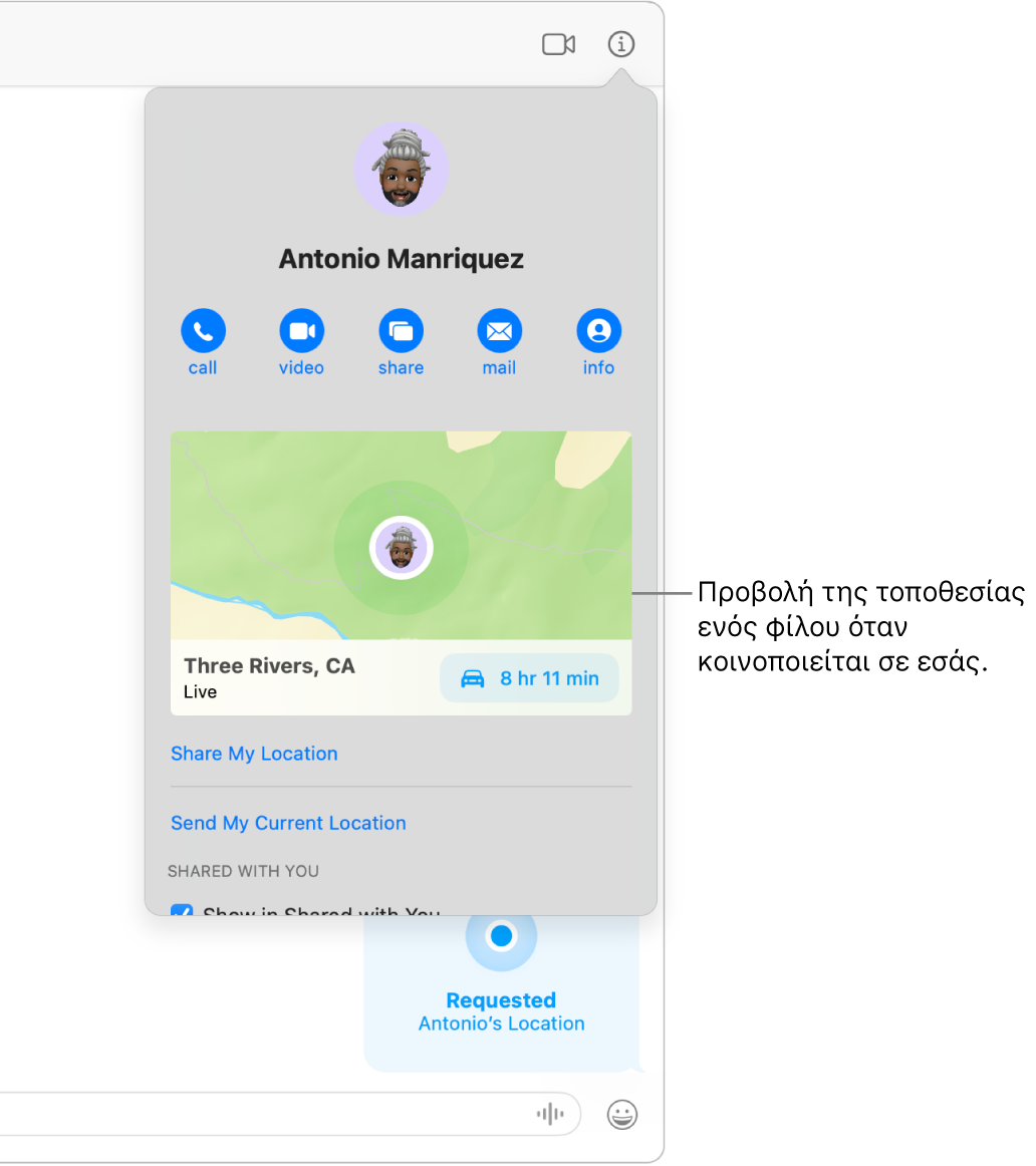 Η προβολή «Πληροφορίες», η οποία εμφανίζεται όταν κάνετε κλικ στο κουμπί «Πληροφορίες» σε μια συζήτηση, και εμφανίζει το εικονίδιο του ατόμου που κοινοποίησε την τοποθεσία του σε εσάς και έναν χάρτη και τη διεύθυνση της τοποθεσίας του.