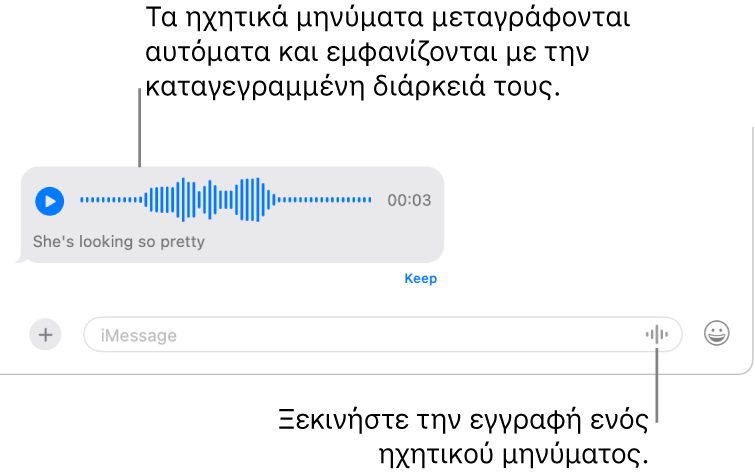 Μια συζήτηση Μηνυμάτων όπου φαίνεται το κουμπί «Εγγραφή ήχου» δίπλα στο πεδίο μηνύματος στο κάτω μέρος του παραθύρου. Στη συζήτηση εμφανίζεται ένα ηχητικό μήνυμα με την απομαγνητοφώνησή του και τη διάρκεια εγγραφής.