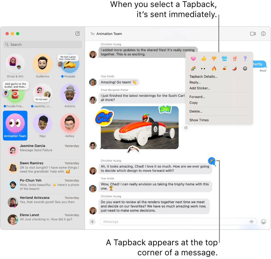 An emoji Tapback appears at the top corner of a message, indicating your response to a message. A set of Tapback choices appears in a menu. The choices include classic Tapbacks (a heart, thumbs-up, thumbs-down, Ha Ha, exclamation mark and a question mark) and emoji Tapbacks.