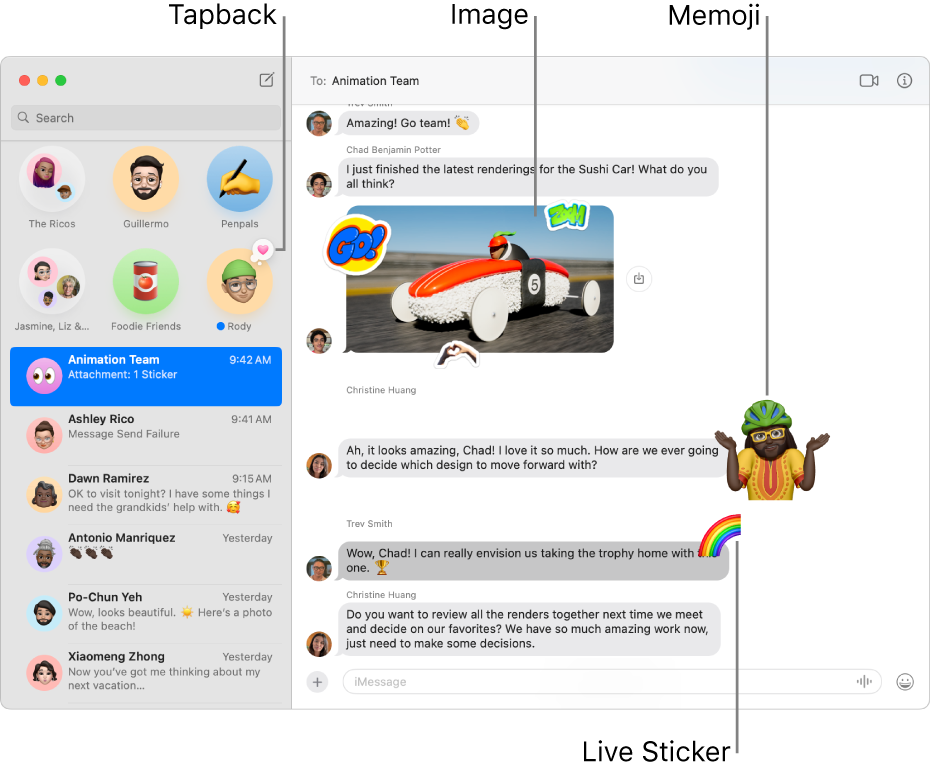 The Messages window with several conversations listed in the sidebar at the left, and a transcript showing on the right. A few items are highlighted in the transcript: a Tapback above a pinned conversation on the left, an image and Memoji on the right, and a Live Sticker in the lower-right corner. Click the Apps button at the bottom of the window to add photos, videos, #images, stickers and message effects.