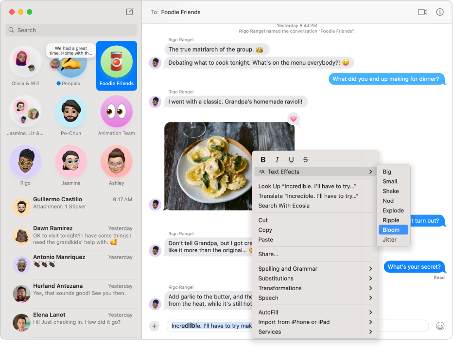 A Messages window with several conversations in the sidebar. In the transcript on the right, the current message is selected and the Text Effects menu is open, with options to format or animate the message.