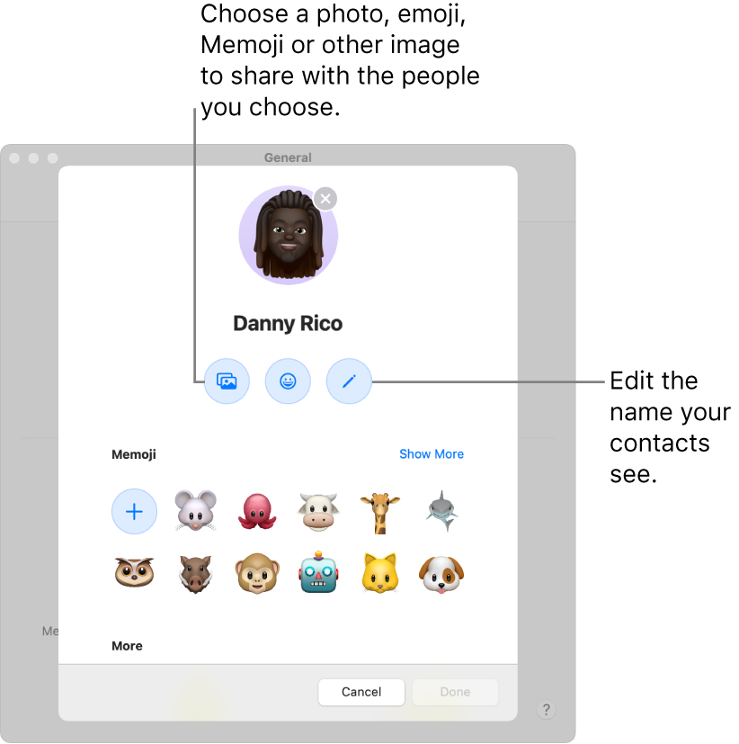 The Name and Photo Sharing dialogue, showing options for editing the name your contacts see and choosing a photo, emoji, Memoji or other image.