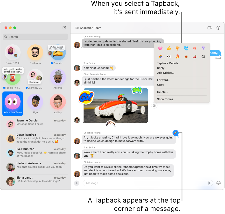 An emoji Tapback appears at the top corner of a message, indicating your response to a message. A set of Tapback choices appears in a menu. The choices include classic Tapbacks (a heart, thumbs-up, thumbs-down, Ha Ha, exclamation points, and a question mark) and emoji Tapbacks.