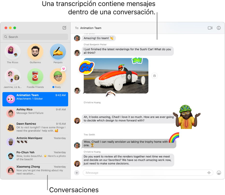 La ventana de Mensajes con conversaciones en la barra lateral y la transcripción que contiene los mensajes dentro de la conversación.