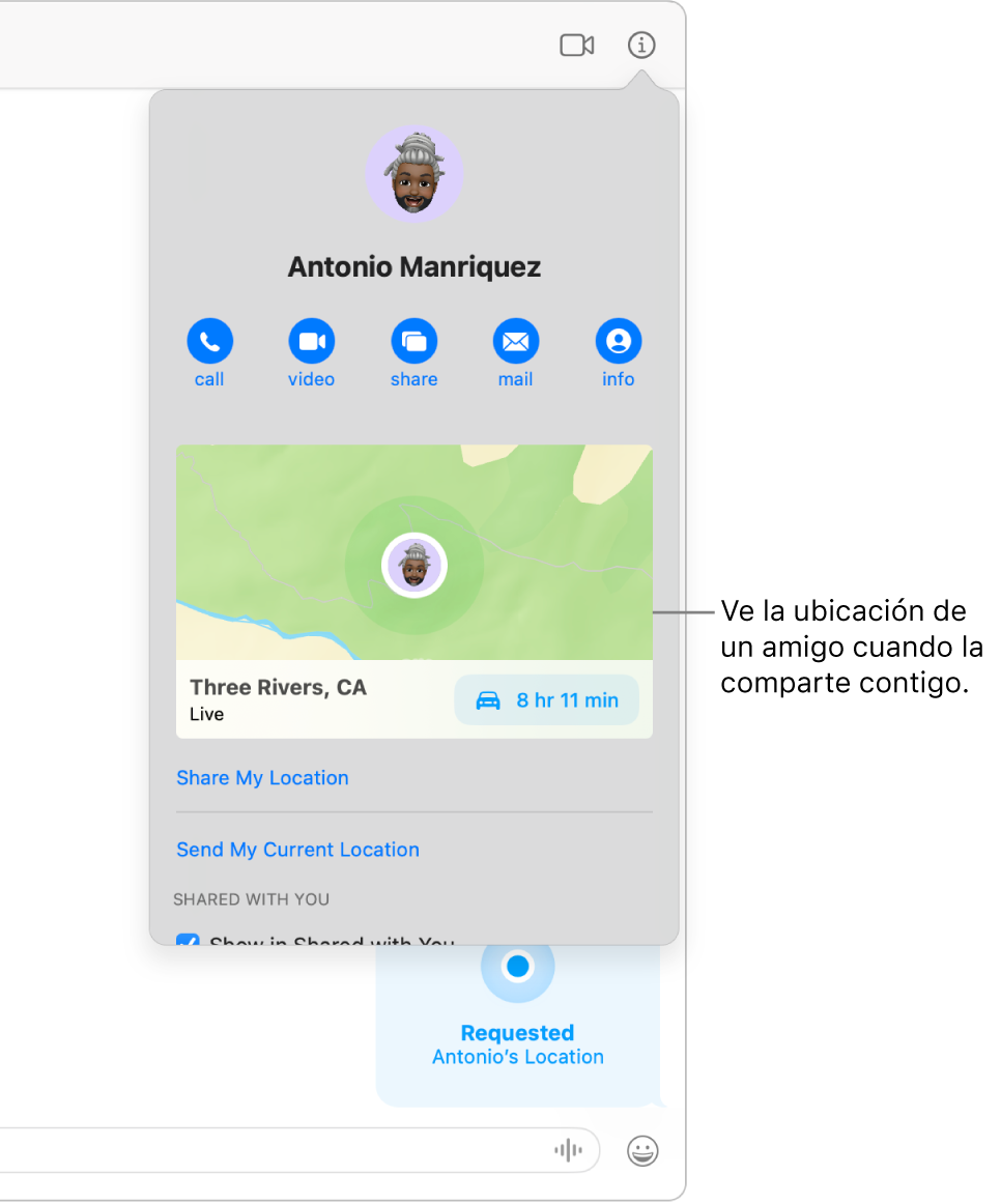 La visualización de Información, que aparece después de hacer clic en el botón Información en una conversación; muestra el ícono de una persona que compartió su ubicación contigo, así como un mapa y la dirección de su ubicación.