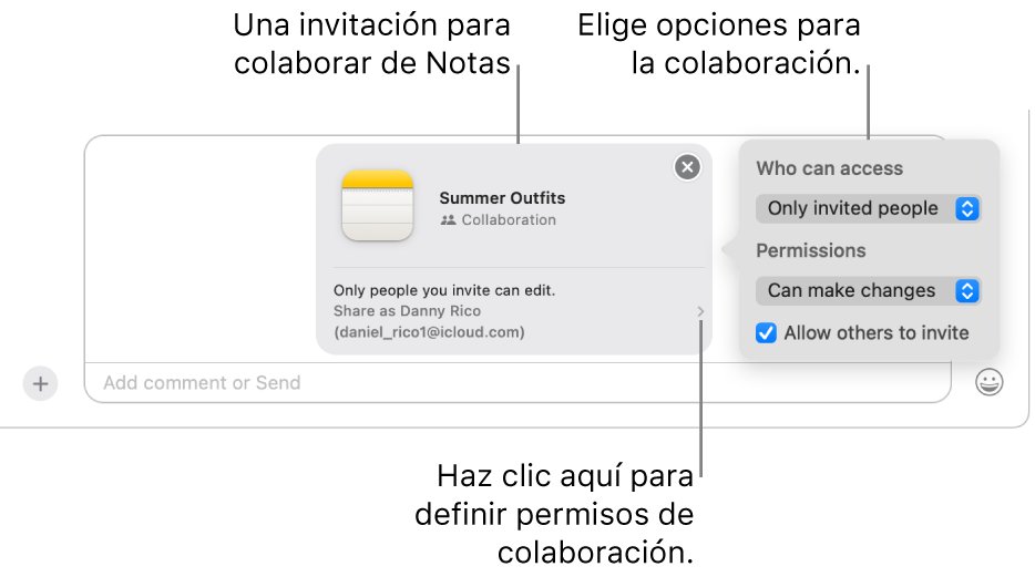 Un acercamiento del campo de mensaje de texto en la parte inferior de la conversación de Mensajes. Hay una invitación para colaborar en una nota. Puedes hacer clic en el lado derecho de la invitación para configurar los permisos de colaboración.