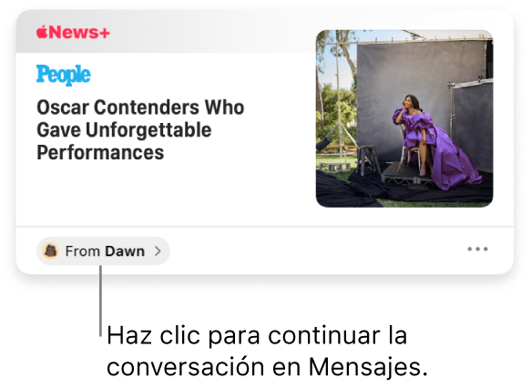 Un artículo compartido en News. Haz clic en la etiqueta De para enviar una respuesta en Mensajes.