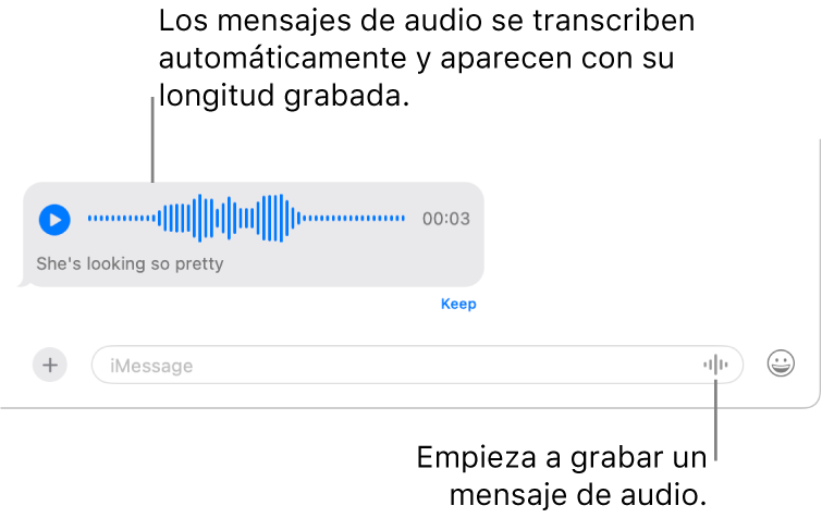 Una conversación de Mensajes mostrando el botón Grabar audio junto al campo de mensaje en la parte inferior de la ventana. Un mensaje de audio aparece con su transcripción y duración registrada en la conversación.