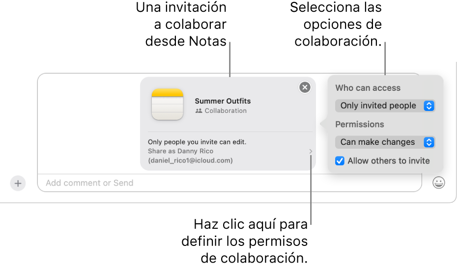 Un primer plano del campo de mensaje de texto en la parte inferior de la conversación de Mensajes. Hay una nota con una invitación a colaborar. Puedes hacer clic en el lado derecho de la invitación para configurar permisos de colaboración.