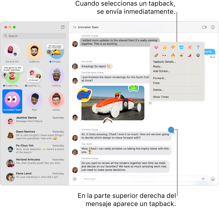 En la esquina superior de un mensaje aparece un tapback de emoji para indicar tu respuesta a un mensaje. Aparece una serie de opciones de tapback en un menú. Las opciones incluyen tapbacks clásicos (un corazón, un pulgar hacia arriba, un pulgar hacia abajo, risa, signos de exclamación y un signo de interrogación) y tapbacks de emojis.