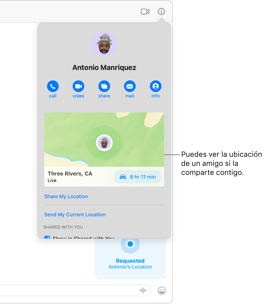 Visualización de información, que aparece cuando se hace clic en el botón de información de una conversación y muestra el icono de una persona que ha compartido su ubicación contigo y un mapa con la dirección de su ubicación.