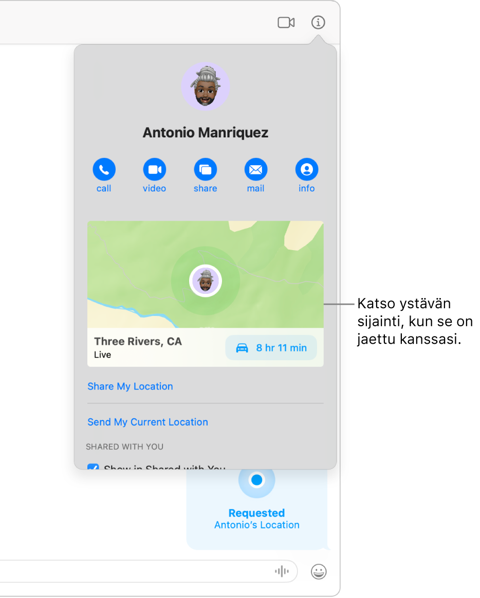 Tiedot-näkymä, joka tulee näkyviin, kun klikkaat keskustelussa Tiedot-painiketta. Näkyvillä on kuvake henkilölle, joka jakoi sijaintinsa kanssasi, sekä kartta ja sijainnin osoite.