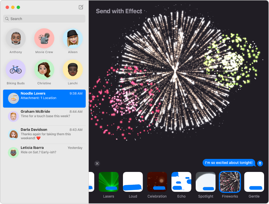 La fenêtre Messages avec plusieurs conversations dans la barre latérale de gauche et l’effet de message Feux d’artifice qui s’affiche dans la conversation à droite de la fenêtre.