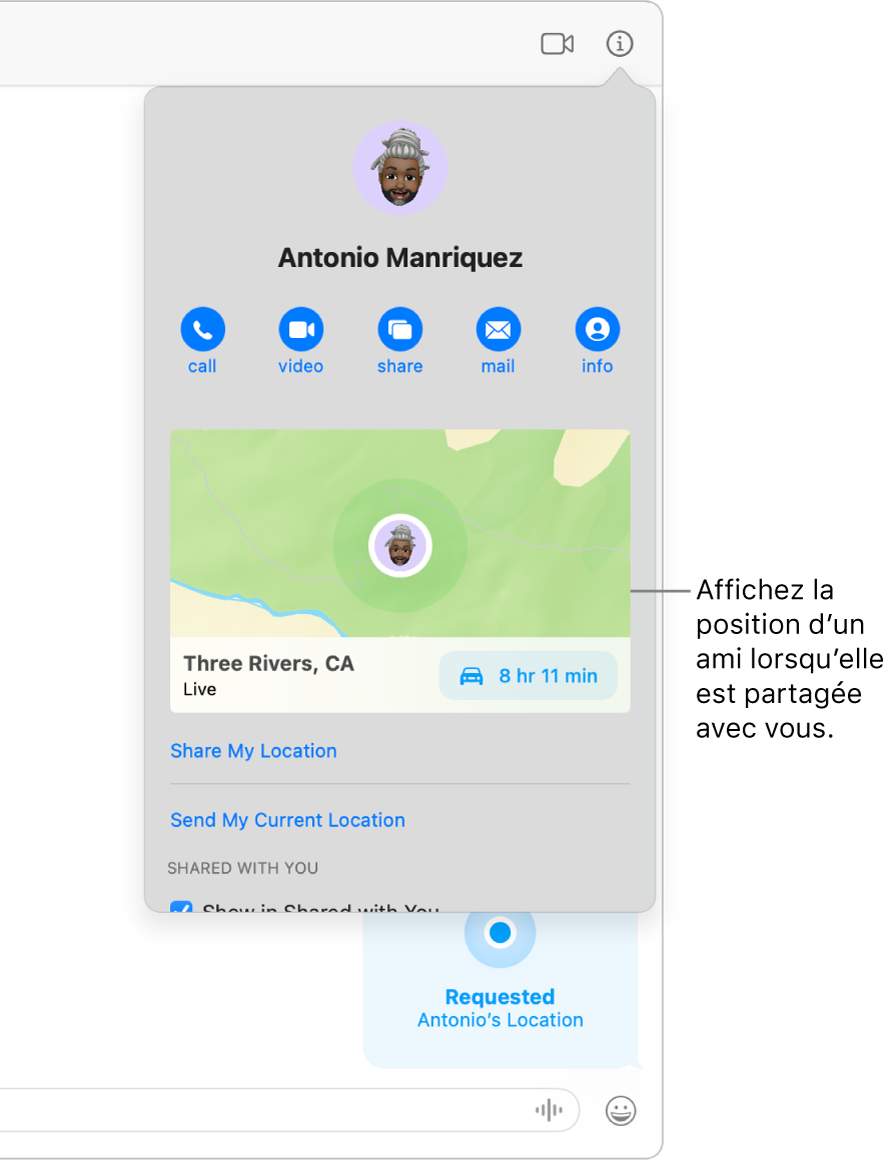 La présentation Infos qui s’affiche après que vous avez cliqué sur le bouton Infos dans une conversation, affichant l’icône d’une personne qui a partagé sa position avec vous ainsi qu’un plan et l’adresse de sa position.