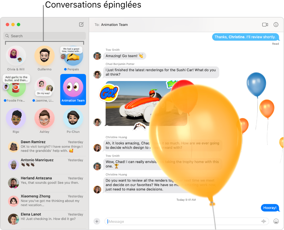 L’app Messages avec plusieurs conversations épinglées sur le côté gauche de la fenêtre.