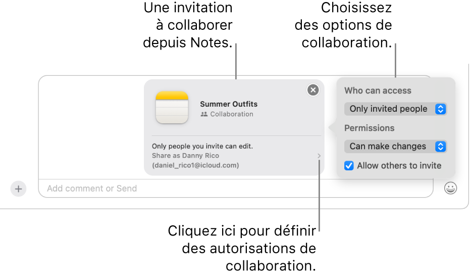 Gros plan sur le champ du message texte en bas de la conversation Messages. Vous pouvez voir une invitation à collaborer sur une note. Vous pouvez cliquer sur le côté droit de l’invitation pour définir les autorisations de collaboration.