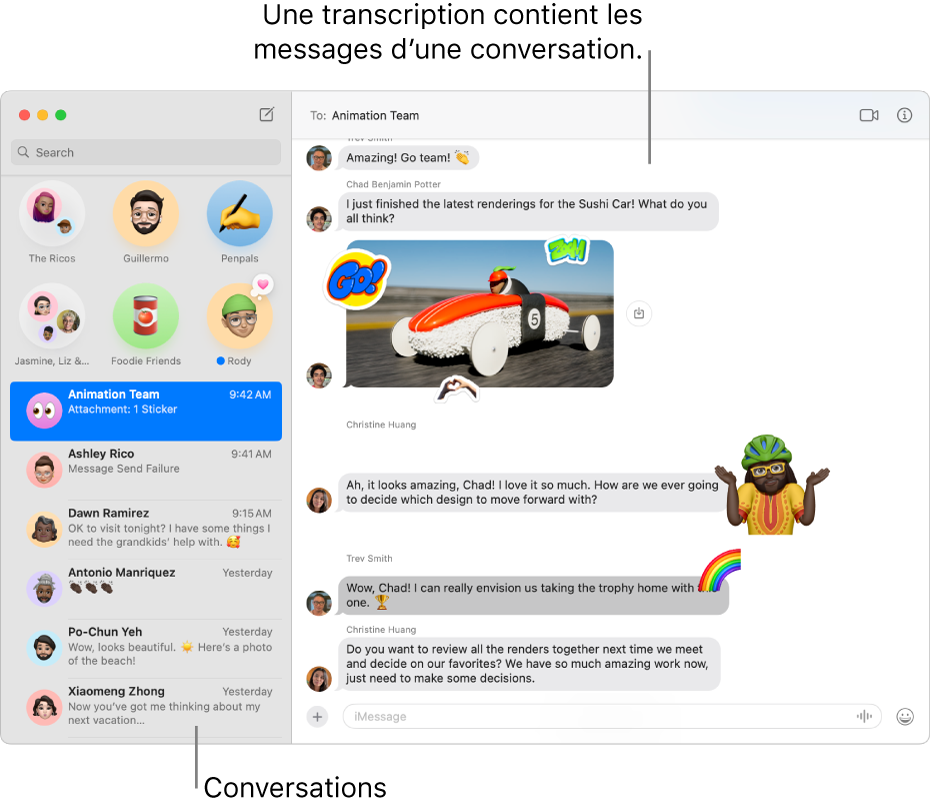 La fenêtre Messages, avec les conversations dans la barre latérale et la transcription contenant les messages de la conversation.