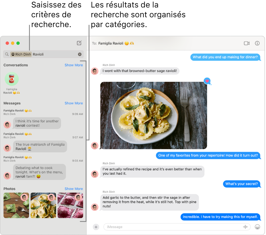 La fenêtre Messages avec des critères de recherches saisis dans le champ Rechercher en haut à gauche. Les résultats de recherche sont organisés en dessous, par catégories telles que Conversations, Messages et Photos.