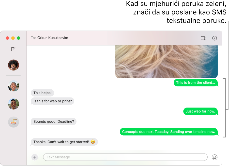 Prozor Poruke s popisom nekoliko razgovora u rubnom stupcu s lijeve strane i prikazom transkripta s desne. Mjehurići poruka su zeleni, što znači da su poslani kao SMS, MMS ili RCS tekstualne poruke.