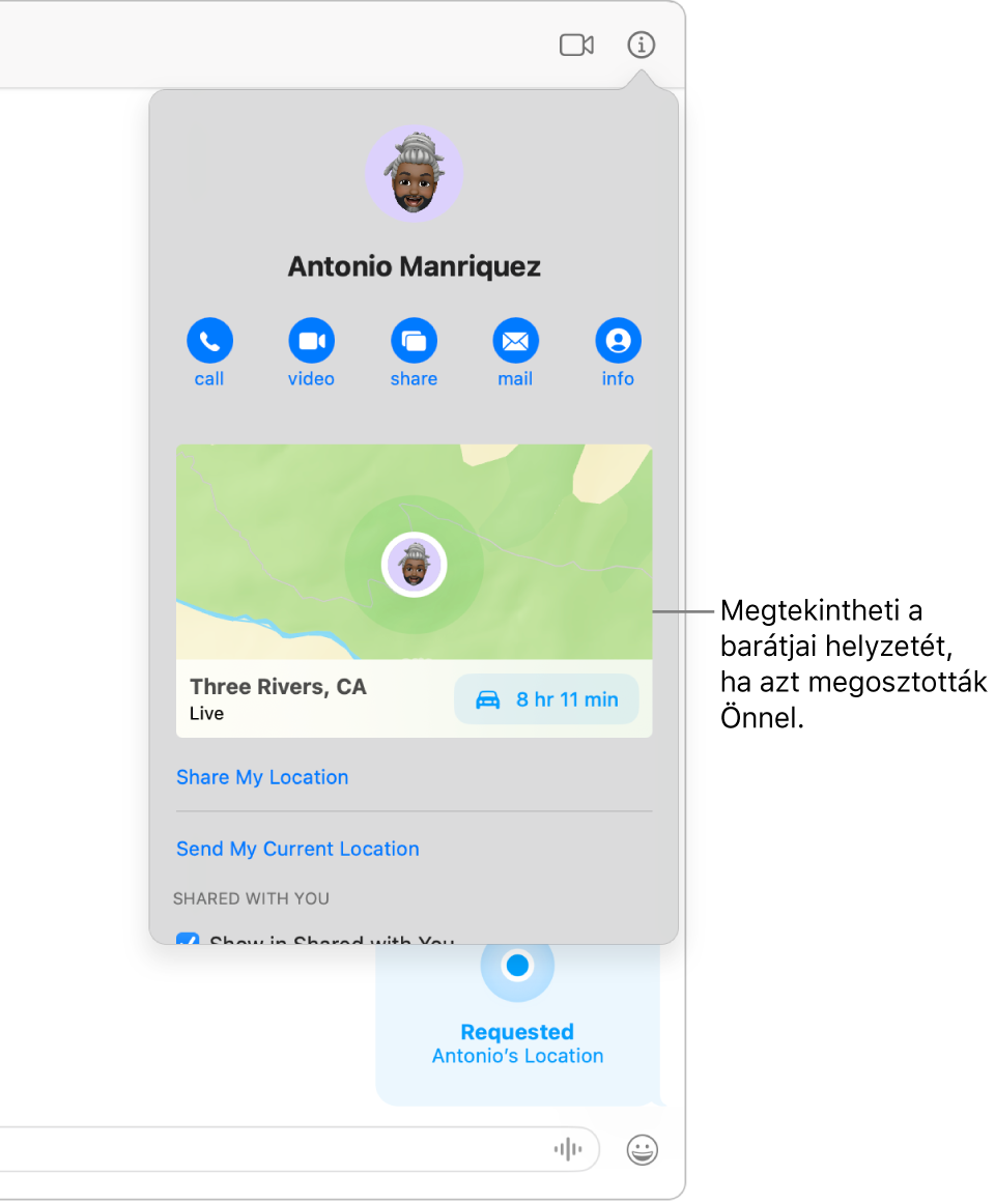 Az Infó nézet (amelyet úgy jeleníthet meg, hogy rákattint az Infó gombra egy beszélgetésben), egy, a helyzetét Önnel megosztó személy ikonjával, egy térképpel és a személy helyzetének címével.